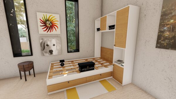 CAMA PLAZA Y MEDIA CON LIBRERO BLANCO ROBLE - Imagen 2