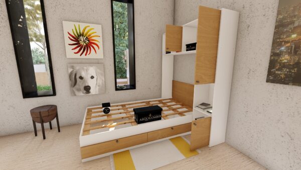 CAMA PLAZA Y MEDIA CON LIBRERO BLANCO ROBLE - Imagen 4