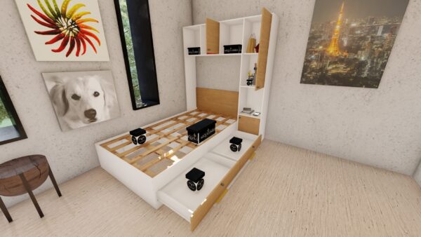 CAMA PLAZA Y MEDIA CON LIBRERO BLANCO ROBLE - Imagen 8