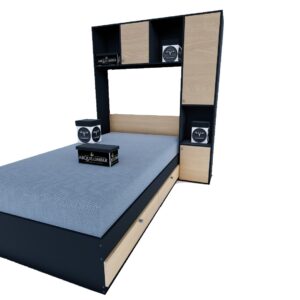 CAMA CON LIBRERO PLAZA Y MEDIA NEGRO & ROBLE