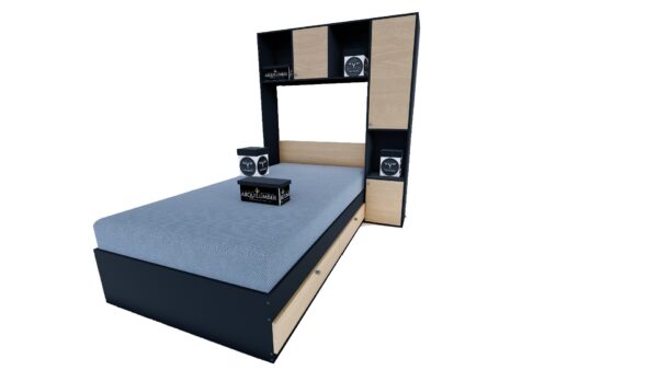 CAMA CON LIBRERO PLAZA Y MEDIA NEGRO & ROBLE