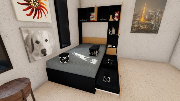 CAMA CON LIBRERO PLAZA Y MEDIA NEGRO & ROBLE - Imagen 2