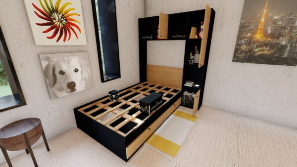 CAMA CON LIBRERO PLAZA Y MEDIA NEGRO & ROBLE - Imagen 5