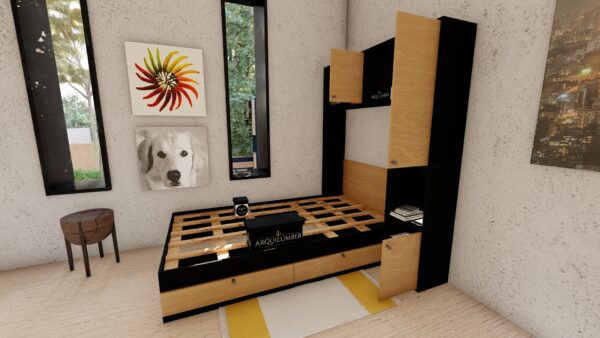 CAMA CON LIBRERO PLAZA Y MEDIA NEGRO & ROBLE - Imagen 3